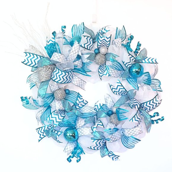 Turquoise White Silver Ornament Winter Wreath Christmas Wreath for Front Door